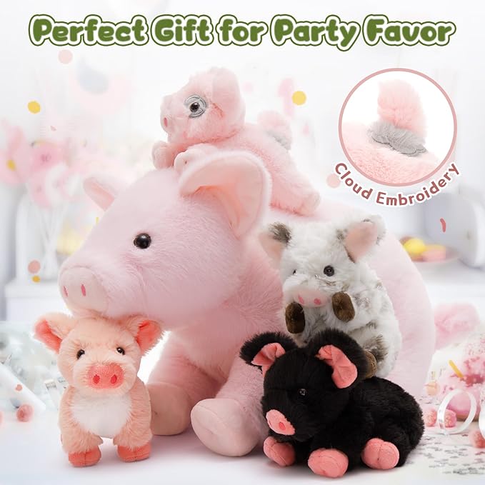 Pig Stuffed Animal Plush - Pink Mommy 16" with 4 Little Piggy in Her Zippered Tummy - Cute Plushie Toy Gift for Girls and Kids