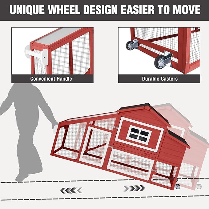 Chicken Coop with Wheels, Mobile Outdoor Chicken House with Leakproof Pull-on Tray, Nesting Box, Waterproof Roof - Red