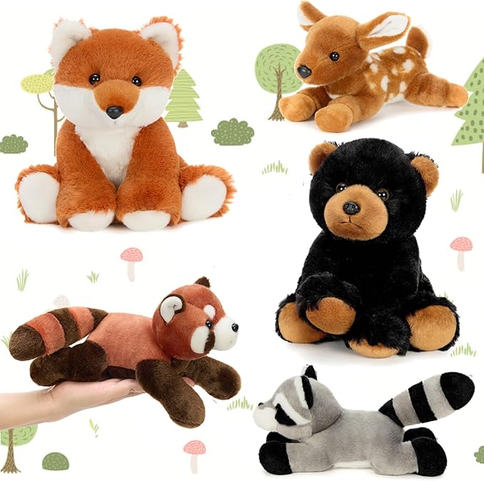 MaoGoLan 6 Pcs Soft Woodland Stuffed Animals Bulk Plush Toys for Girls Kids, 8'' Grizzly Bear Deer Fox Raccoon Red Panda Forest Animal Plushies Set Theme Party Favors Decorations Gifts Christmas