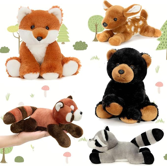 MaoGoLan 6 Pcs Soft Woodland Stuffed Animals Bulk Plush Toys for Girls Kids, 8'' Grizzly Bear Deer Fox Raccoon Red Panda Forest Animal Plushies Set Theme Party Favors Decorations Gifts Christmas