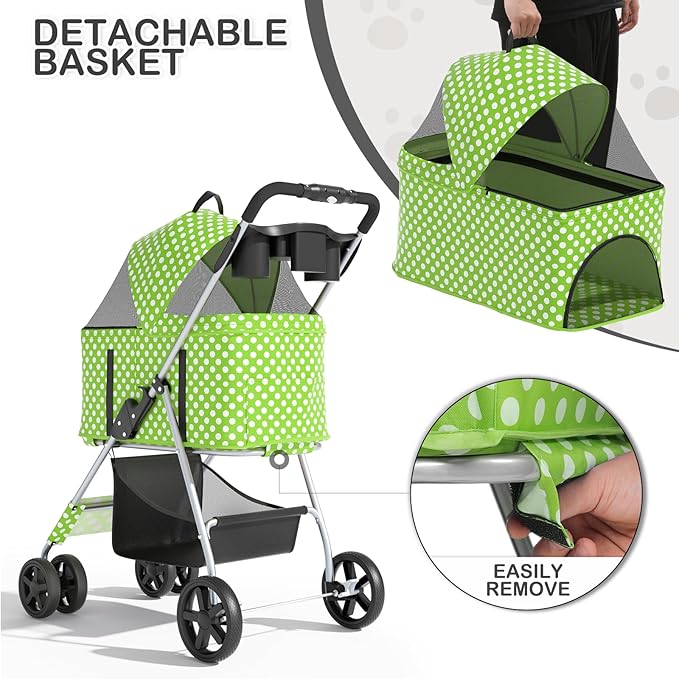 MoNiBloom 3 in 1 Foldable Pet Stroller for Small & Medium Dogs, Detachable Carrier, Car Seat, Push Button Entry, 4-Wheel Jogger for Pets up to 33 lbs, Lawn Green Polka Dots