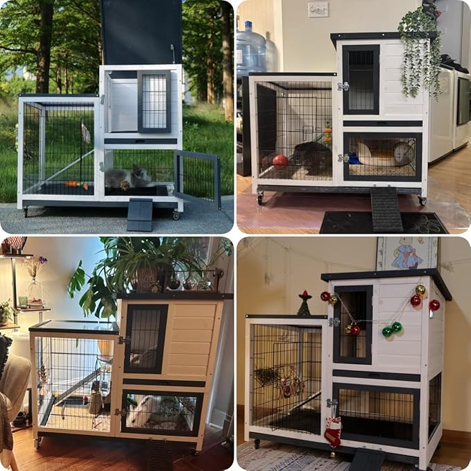 Rabbit Hutch Indoor Bunny Cage Outdoor with Urine Guards 2 Storey Mobile Guinea Pig Cage Weatherproof Asphalt Roof Wire Bottom 2 Trays