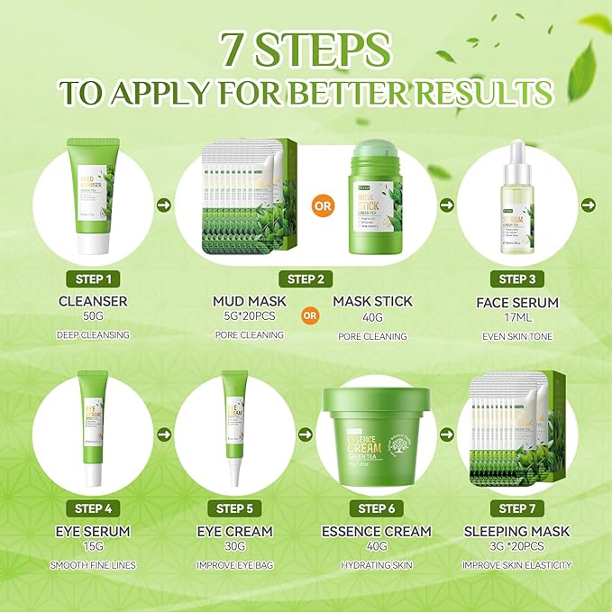 Green Tea Skin Care Set, Skincare for Girls 10-12, 51Pcs Skincare Gift Set for Teens Complete Skincare Routine, Travel Size Skincare Set with Hair Clips, Kids Skin Care Set for Girls Ages 8-12