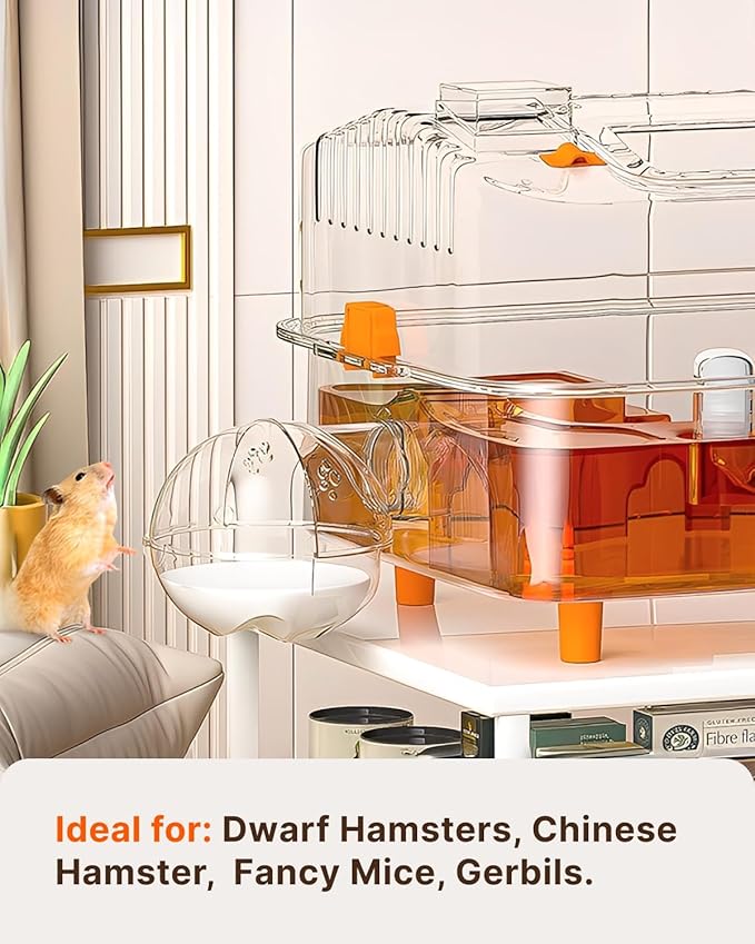 Large PET Hamster Cage with Built-in Platform & Hideout, 25"x14"x12.2" Transparent Hamster House for Dwarf, Syrian Hamsters, or Gerbils – Easy to Clean, Ventilated, Anti-Escape Design