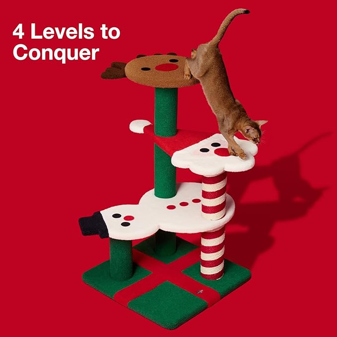 VETRESKA Christmas Cat Tree for Indoor Cats, 38.6" Multi Level Soft-Touch Cat Tower with Scratching Post, Large Scratching Post, Santa Claus, Reindeer and Snowman