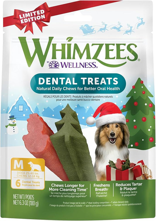 WHIMZEES Wellness Holiday Dog Dental Treats, Christmas Gift for Dogs, Size Medium Stick, (6 Count)