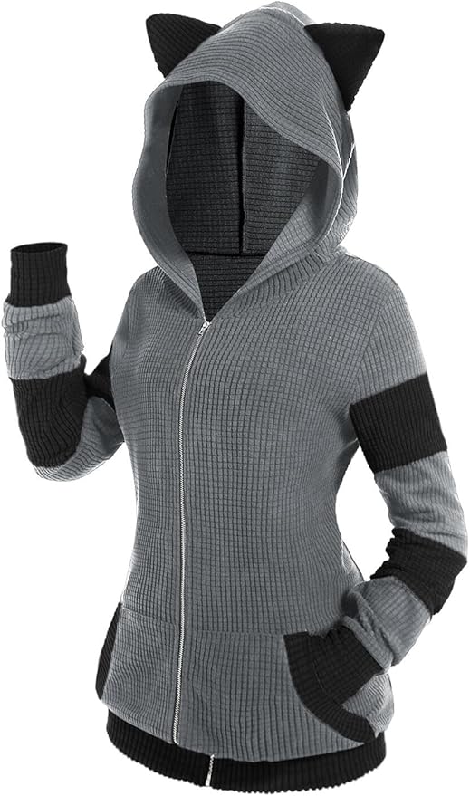 ROSE GAL Rosegal Women Plus Size Cat Ear Ribbed Hooded Blouson Jacket Animal Ear Two Tone Cute Hoodie