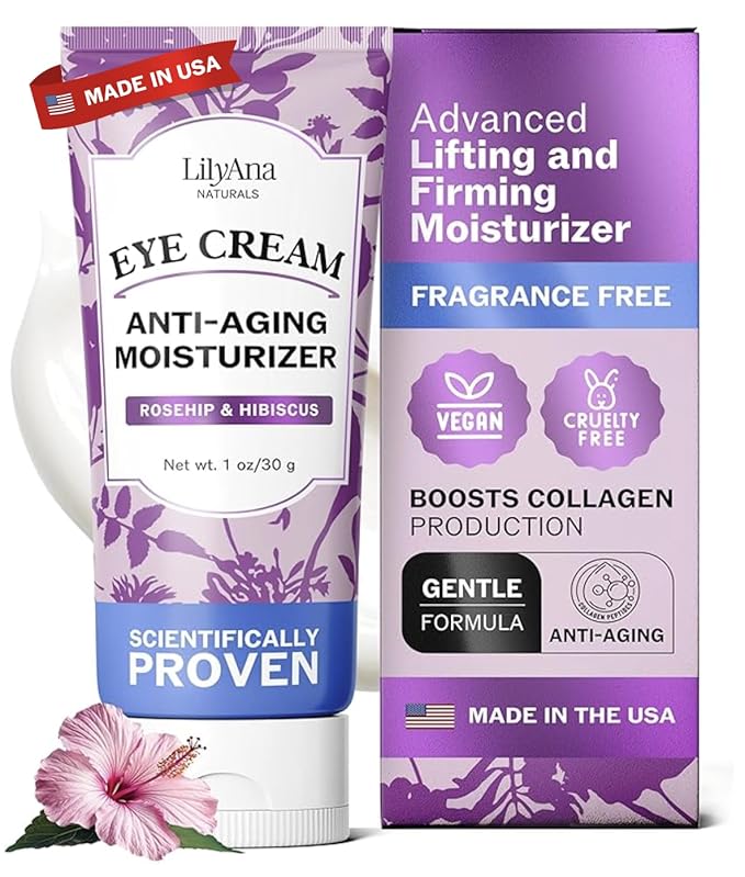 LilyAna Naturals Eye Cream for Dark Circles and Puffiness, Anti Aging Under Eye Cream for Wrinkles and Bags helps Improve Dryness; for Sensitive Skin (Bottle, 1.0 Ounce (Pack of 1))