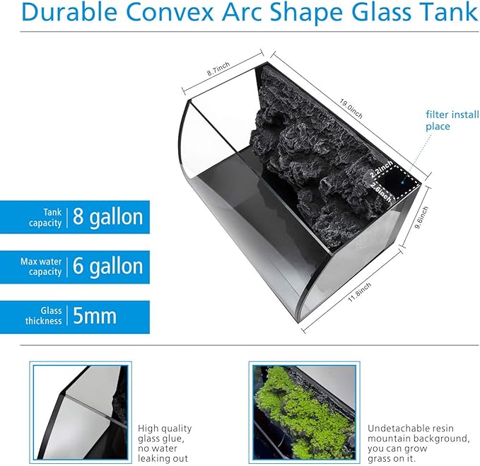 hygger Horizon 8 Gallon LED Glass Aquarium Kit for Starters with 7W Power Filter Pump, 18W Colored led Light, Wide View Curved Shape Fish Tank with Undetachable 3D Rockery Background Decor
