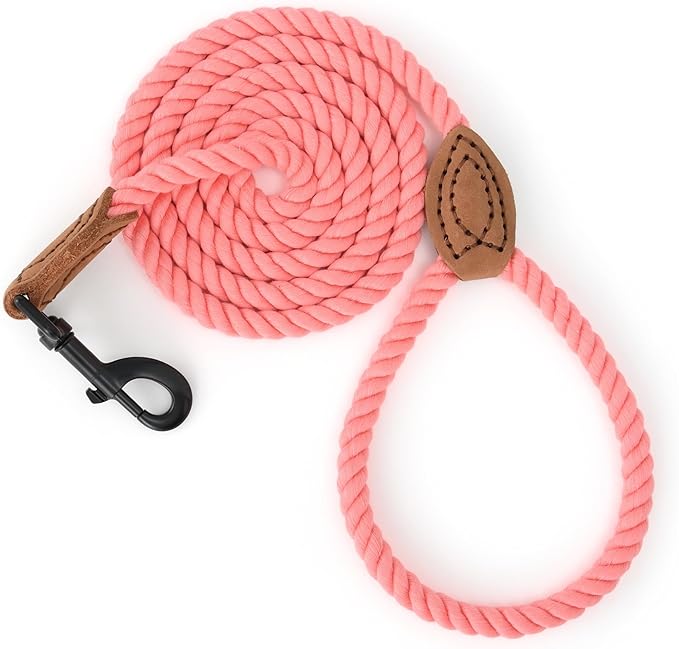Mile High Life Dog Leash, Braided Cotton Rope Leashes with Leather Tailor Tip with Leather Tip - Heavy Duty Metal Clasp, 6FT, 1/2" Thick - Wedding, Walking Leash for Medium Large Dogs(Pink)