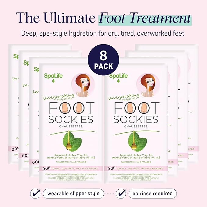 SpaLife Moisturizing Foot Sockies | Foot Mask for Dry Cracked Feet Intensive Repair Treatment | Tea Tree Oil Softening Booties | Callus Remover Alternative | Self Care Gifts for Women | 8 Pack