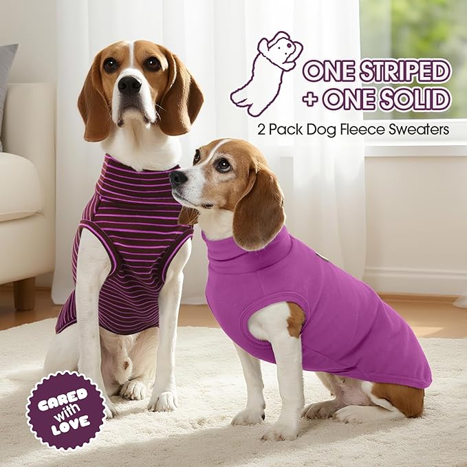 FUAMEY 2 Pack Dog Fleece Vest for Extra Small Dogs,Maltese Chihuahua Stretchy Dog Sweatshirts Warm Dogs Pullover Winter Pet Sweaters with Leash Hole Puppy Turtleneck Sleeveless Purple Stripes XS