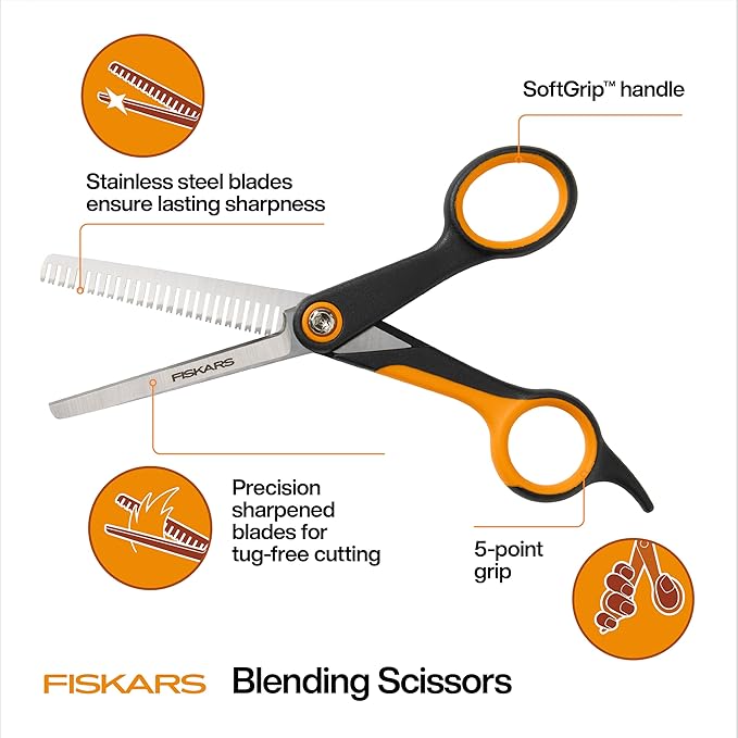 Fiskars Pet Scissors, Dog and Cat Grooming Scissors, Serrated Teeth for Thinning & SoftGrip Handle, Cat and Dog Supplies, 6.5”, Orange/Black, Blending Scissors