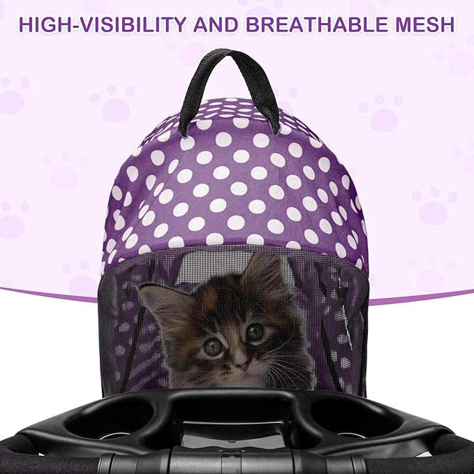 MoNiBloom 3 in 1 Foldable Pet Stroller for Small & Medium Dogs, Detachable Carrier, Car Seat, Push Button Entry, 4-Wheel Jogger for Pets up to 33 lbs, Purple Polka Dots