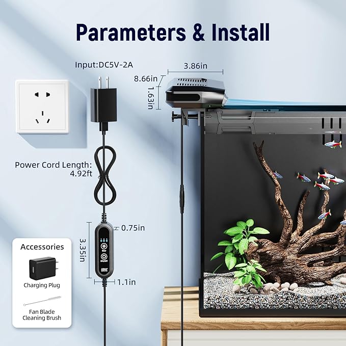 Aquarium Fan,Ultra-Quiet Fish Tank Cooler,More Powerful,Cooling Effect 3-7℉ with 3 Speed Modes Adjustable Applicable Aquariums with or Without Edges, for Axolotl Seawater Freshwater Coral Grass Tank