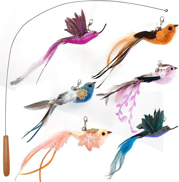 Interactive Cat Toys for Indoor Cats - 35'' Steel Wire and 6PCS Feather Bird Refills,Teaser Toy,Cat Wand Toy,Feathers & Bells, Realistic Bird Impression (7 PCS)