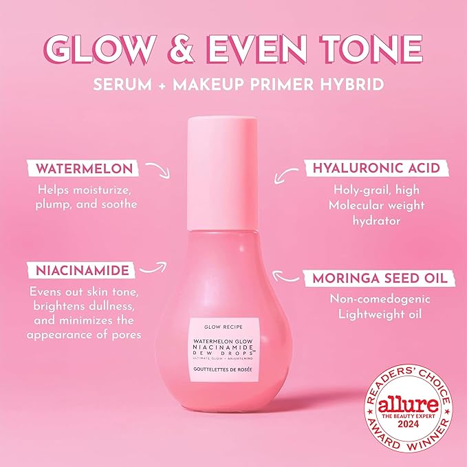 Glow Recipe Watermelon Niacinamide Dew Drops, Korean Niacinamide Serum Drops, Hydrating Face Serum + Primer & Liquid Highlighter, Hyaluronic Acid, Dewy Glow (40ml)