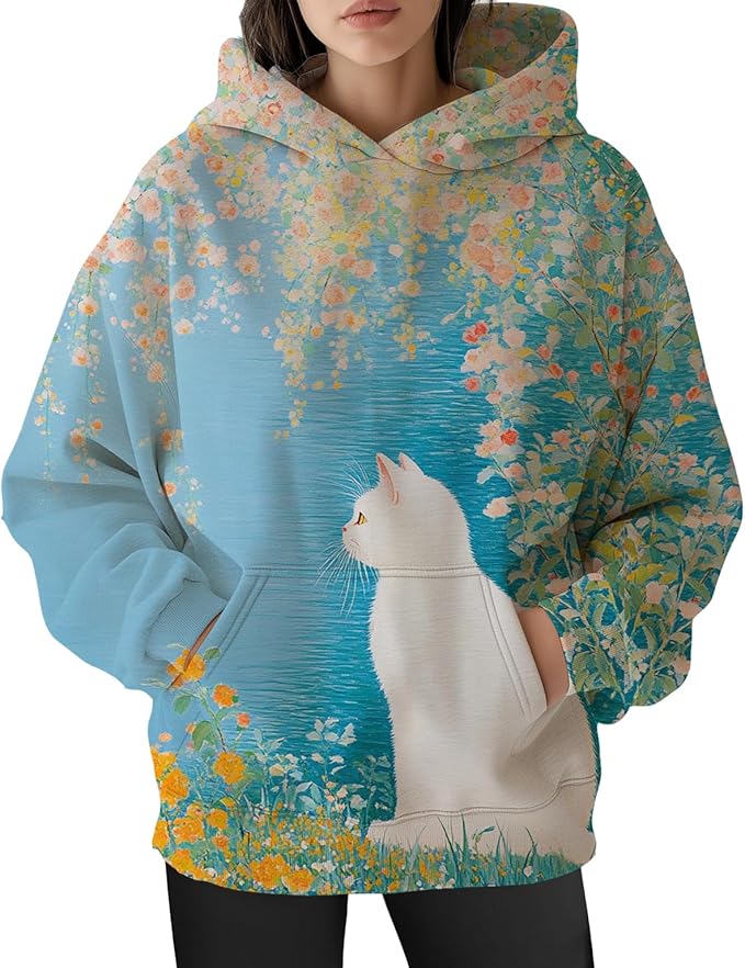 Womens Funny Cat Hoodies Oversized Graphic Hooded Sweatshirt for Women Fall Plus Size Pullover Hoodie Y2K