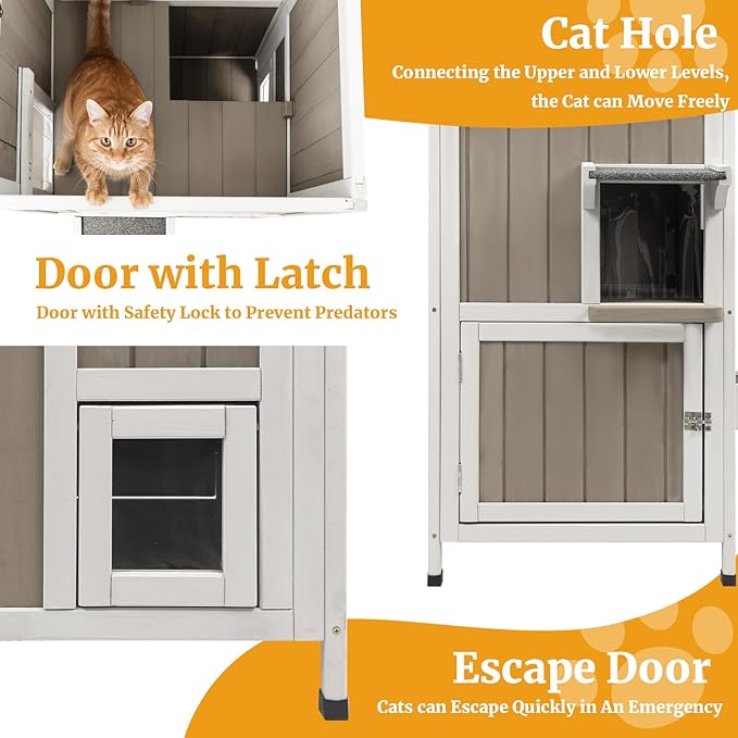 2-Story Outdoor Cat House, Weatherproof Wooden Feral Cat Shelter with Openable Roof, PVC Curtains, Transparent Window, Escape Doors, Cat House for Outdoor Cats