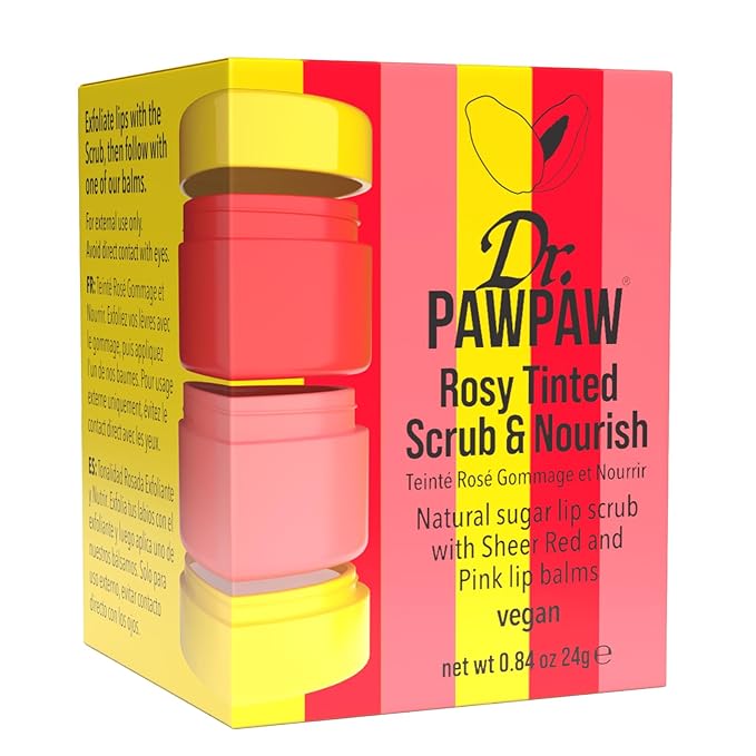 Dr. PawPaw Scrub and Nourish - Rosy Tinted - Lip Scrub Exfoliator and Natural Lip Balm Duo - Moisturizing, Nourishing, Gluten Free Care - 0.8 oz