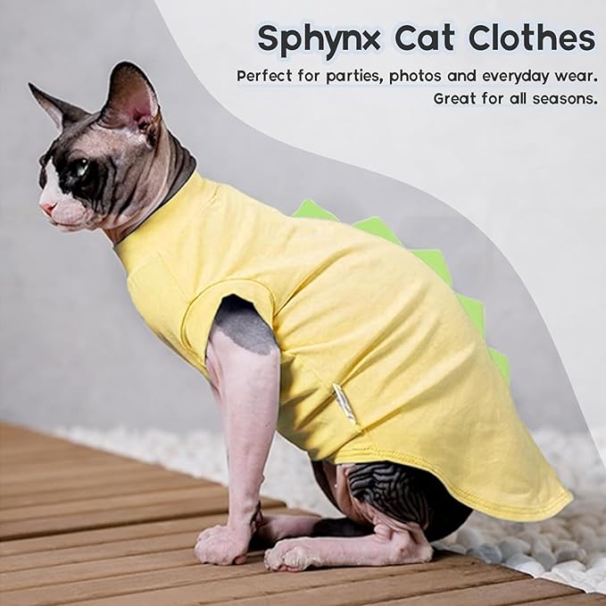 QBLEEV Sphynx Cat Clothes – Soft Cotton Dinosaur Shirt for Hairless Cats Only, Breathable Pet Daily Wear Apparel for Summer, Kitten Costume Pajamas for Indoor/Outdoor Use, XS-2XL