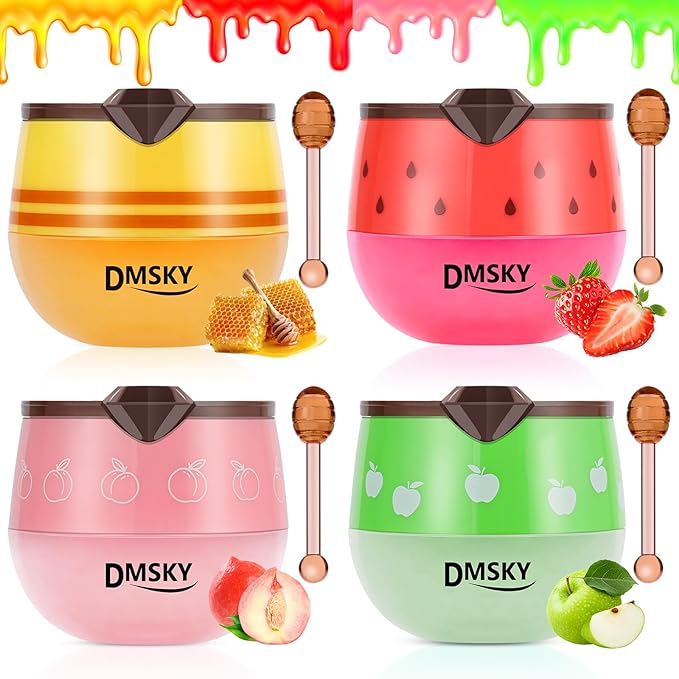 DMSKY 4 PCS Bee Lip Balm Lip Mask Honey Pot, Valentines Day Gifts, Honey & Strawberry & Peach & Apple Lip Sleeping Mask Propolis Moisturizing Lip Balm with Stick