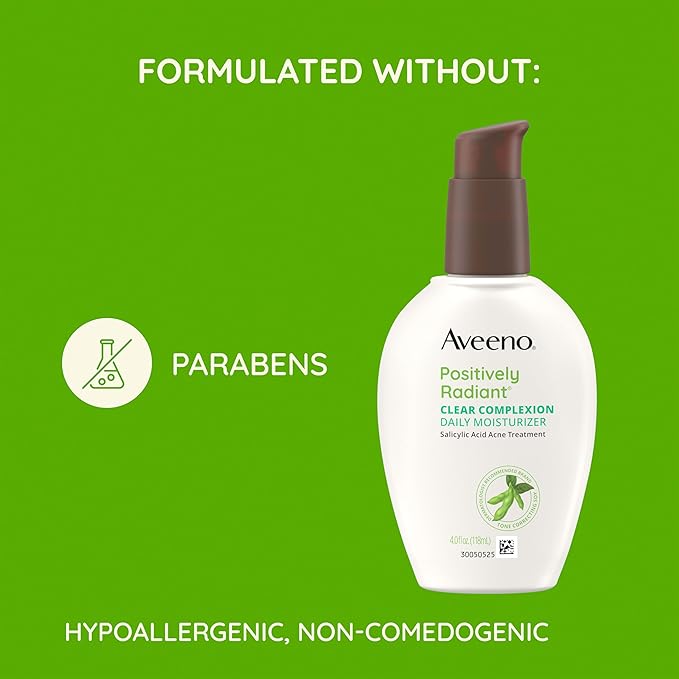 Aveeno Positively Radiant Clear Complexion & Acne Facial Moisturizer with Soy and Salicylic Acid for Oily Skin, Hypoallergenic Formula, Paraben-Free, Non-Comedogenic, Pump, 4 FL OZ, (Pack of 2)