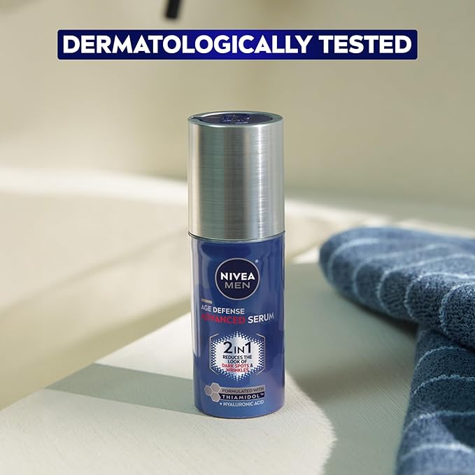 NIVEA MEN Age Defense Advanced Face Serum for Dark Spots with Thiamidol (TM) + Hyaluronic Acid, Fast-Absorbing Face Serum for Men Helps Reduce Look of Dark Spots, Fine Lines & Wrinkles, 1 Fl Oz Bottle