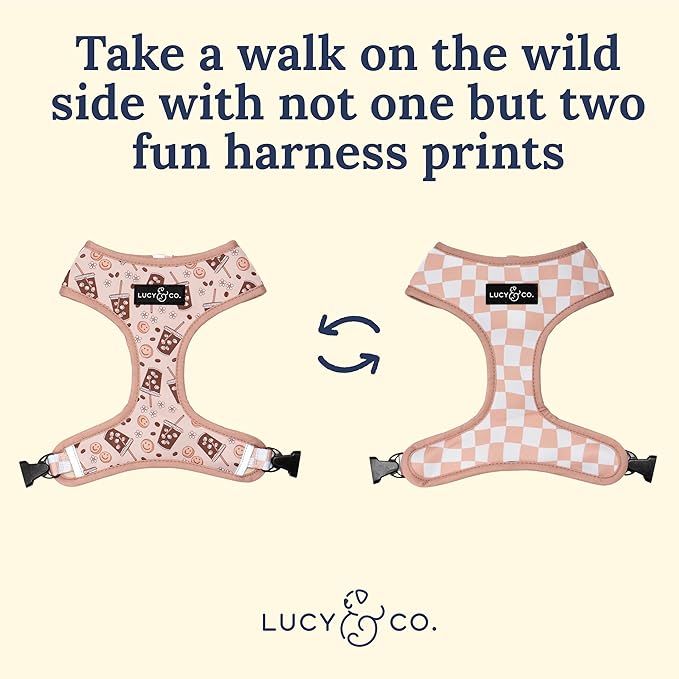 Lucy & Co. Cute Reversible Dog Harness Walking Halter - Best Designer Pet Harnesses for XS - XL Dogs - Padded Adjustable Vest for Easy Walking. (Iced Coffee SZN Reversible Harness).