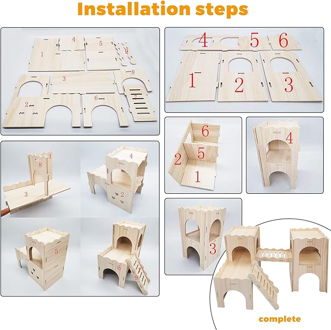 Wooden Dwarf Hamster House, Hamster Tiny House Hideout, Maze House, Large Balcony Lookout Holes, Easy to Assemble, Detachable Parts, Secure Hideaway, A