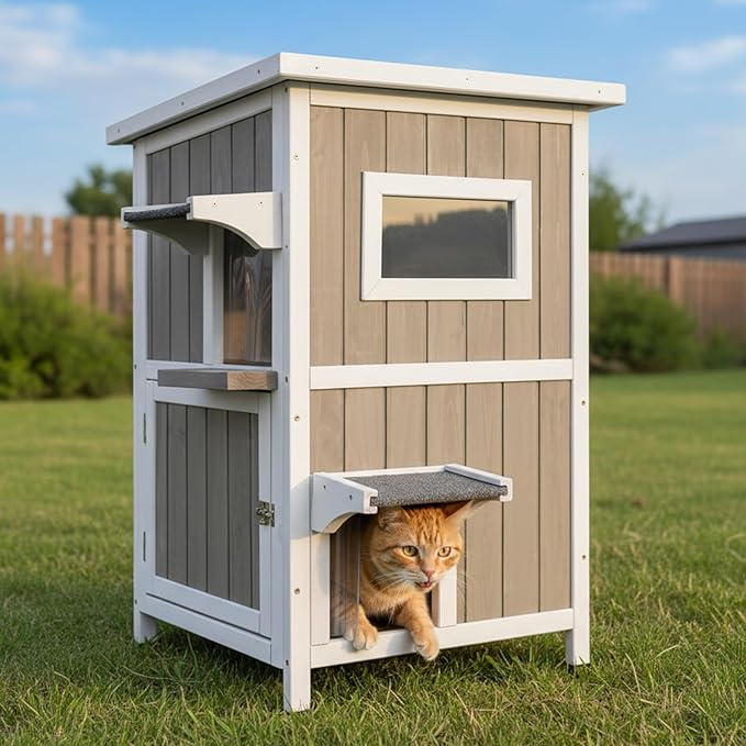 2-Story Outdoor Cat House, Weatherproof Wooden Feral Cat Shelter with Openable Roof, PVC Curtains, Transparent Window, Escape Doors, Cat House for Outdoor Cats