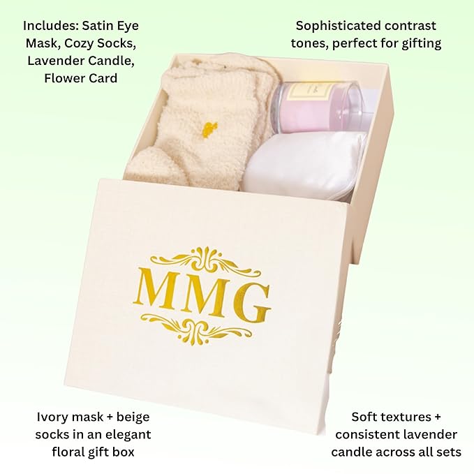 Spa Gift Set for Women – Relaxation Kit with Candle, Fuzzy Socks, Satin Eye Mask, Dried Flower Greeting Card – Gift Box for Birthday, Thank You, Bridesmaid (Ivory White)