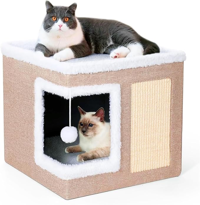 Cat Houses for Indoor Cats - Large Cat Bed Cave with Scratch Pad and Fluffy Ball, Foldable Cat Condo Hideaway with Reversible Cushion for Multi Small Pet(Beige, Right-Angle)