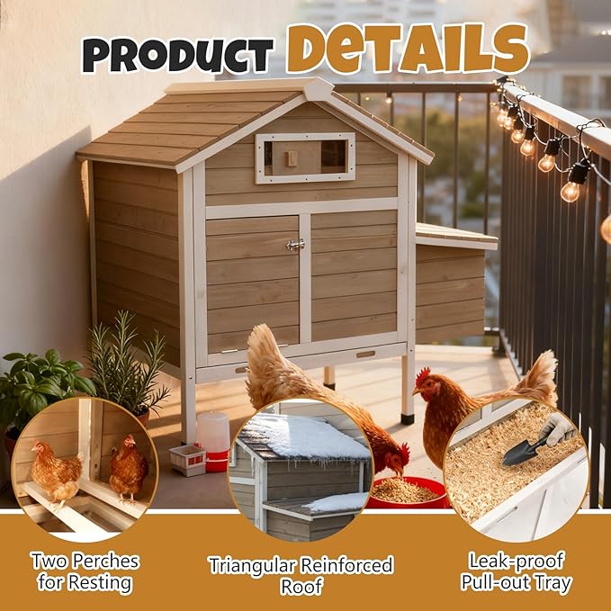 Chicken Coop Outdoor, Wooden Chicken House with 2 Nesting Boxs, Poultry Cage with Leak-Proof Pull-Out Tray, Lockable Ramp Door, Roosting Bars, Easy Assembly（36.2" L x 26" W x 38.3" H