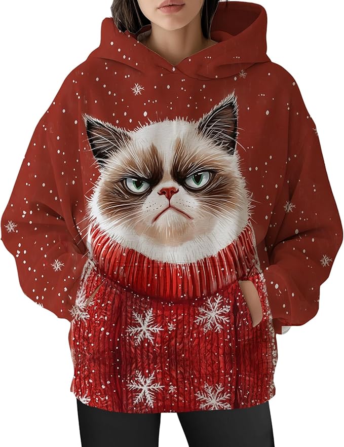 Womens Funny Cat Hoodies Oversized Graphic Hooded Sweatshirt for Women Fall Plus Size Pullover Hoodie Y2K
