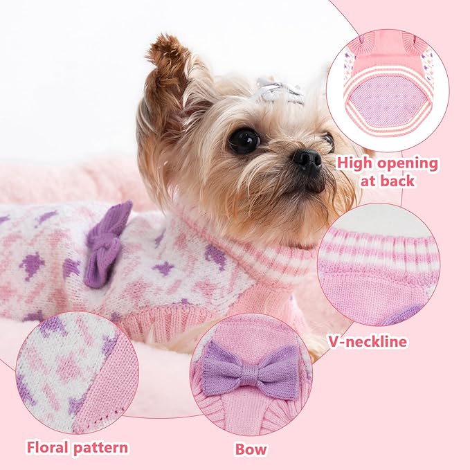 Samll Dog Sweaters Girl Pet V-Neck Christmas Halloween Dog Sweater Knit for Pomeranian Bichon Frise Pug Cold Weather Outfit Pet Formal Dress Cat Sweater (Pink，L)