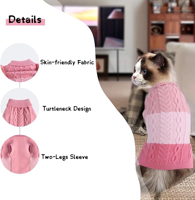 DELIFUR Color Block Dog Sweater - Knitted Turtleneck Cat Knitwear Warm Dog Coats with Classic Cable Fall Winter Clothes for Medium Dog Girl (Pink, XX-Large)