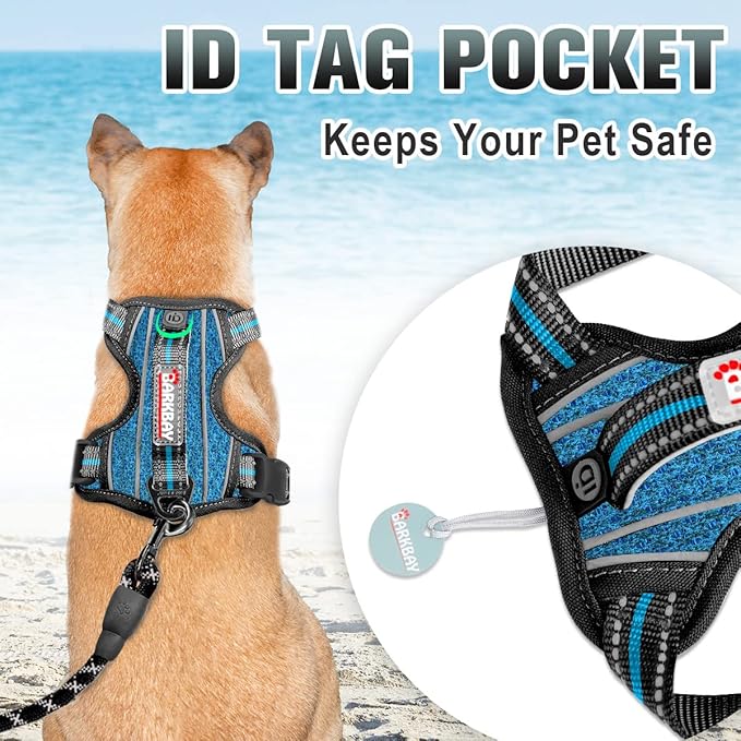 BARKBAY No Pull Dog Harness Large Reflective Dog Harness with Front Clip and Easy Control Handle for Walking Training Running with ID tag Pocket(Blue/Black,L)