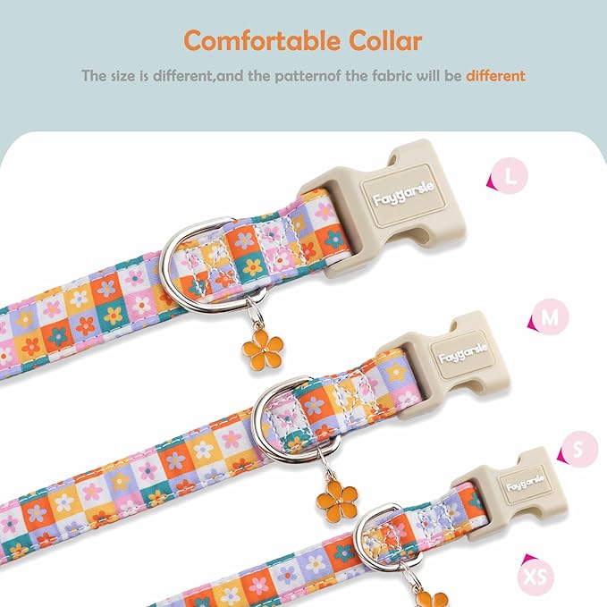Faygarsle Floral Plaid Pattern Dog Collar, Spring Summer Design for Small Medium Large Dogs Multi-Color S