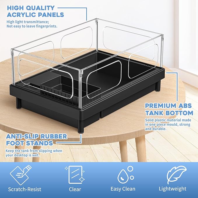 Small Turtle Tank Kit, Acrylic Turtle Tank Starter Kit with Basking Platform, Bottom Drainage, Multi-Function Areas for Turtles, Crabs, Crayfish, Small Reptiles. (Black+White)
