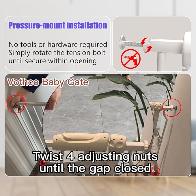 Walk Through Baby & Dog Gate 29-34 Inch, Pressure Mounted No Drilling, Indoor Safety Gate for Stairs & Doorways, Metal Design for Kids and Pets, White