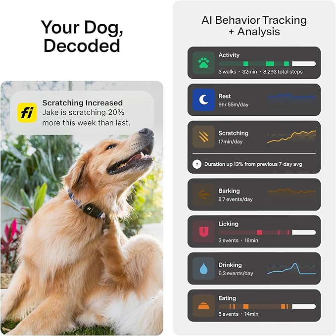 New Fi Series 3+ Smart Dog Tracker Collar [12 Month Membership Included] GPS Tracker for Dogs with Health & Behavior Monitoring, Escape Alerts, Waterproof, LED, Apple Watch Compatible (Gray, X-Small)