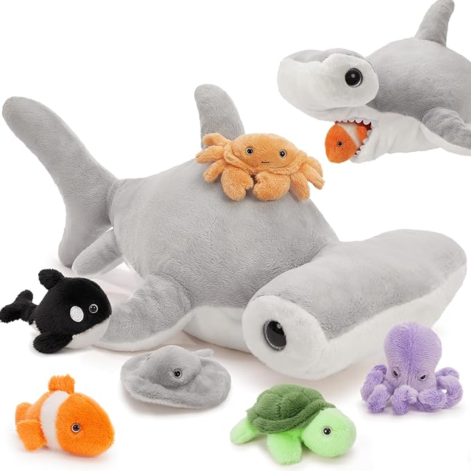 MaoGoLan 7 Pcs Soft Shark Stuffed Animal with 6 Sea Animal Plushies in Belly, Plush Hammerhead Shark Ocean Toys Set for Kids Girls Under The Sea Party Favor Decorations Gifts Christmas