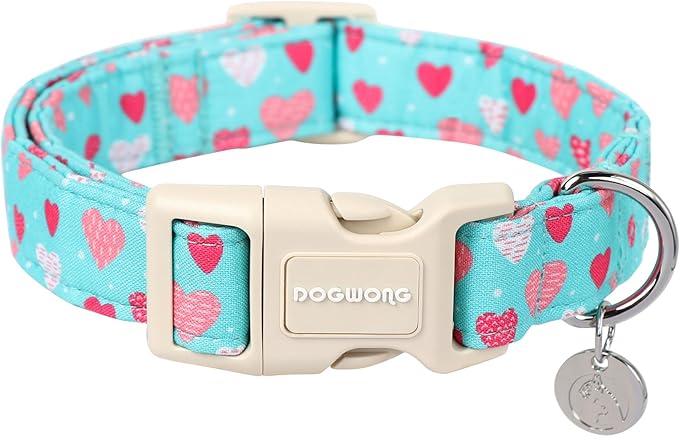 DOGWONG Valentine's Dog Collar - Blue Heart Adjustable Cotton Heart Dog Collar - Perfect for Small, Medium, Large Dogs