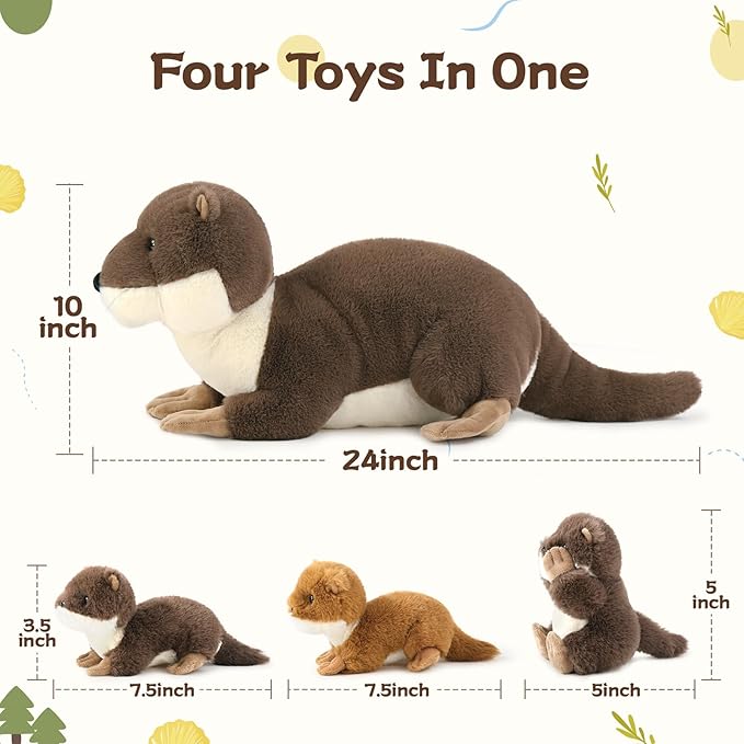 4Pcs Otter Stuffed Animal Set- 24 Inch Mommy Otter Plush with 3 Cute Babies - Lifelike and Cuddly River Otter Plush Toy - Birthday Christmas Party Favor Gifts