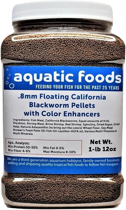 Aquatic Foods Inc. 0.8mm Floating Blackworm Pellets with Color Enhancers & Vitamins for Discus, Cichlids, All Tropicals, Koi and Pond Fish…1-lb & 12oz Med Jar