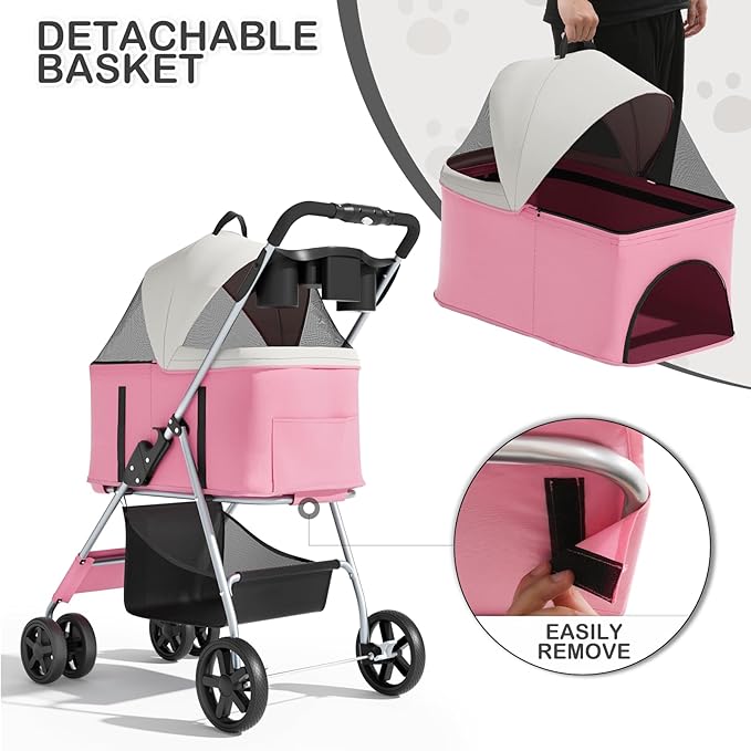 MoNiBloom 3 in 1 Foldable Pet Stroller for Small & Medium Dogs, Detachable Carrier, Car Seat, Push Button Entry, 4-Wheel Jogger for Pets up to 33 lbs, Pink