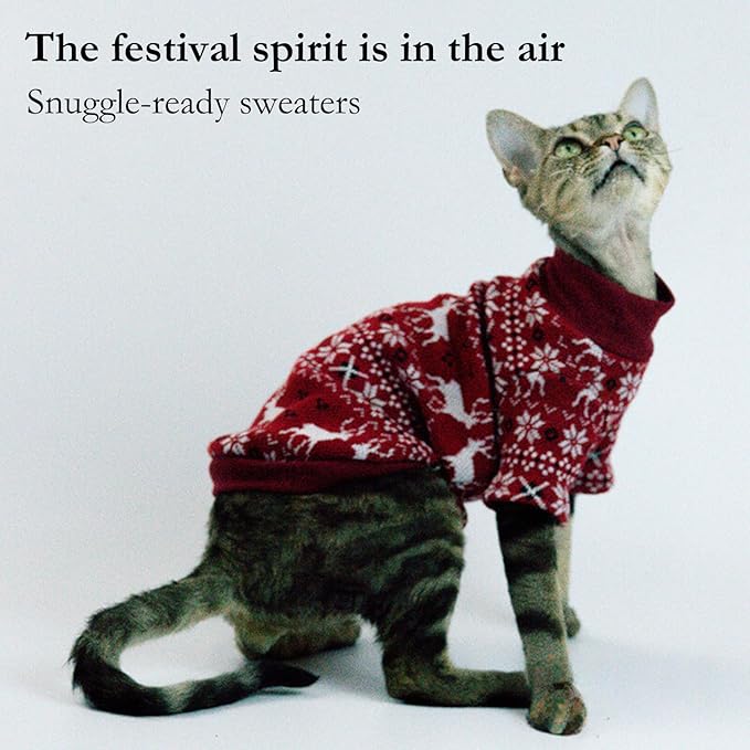 Cat Festive Sweater Pullover, Classic Soft Warm Christmas Clothes for Hairless Sphynx, Devon & All Indoor Kittens (Geometric,XL)
