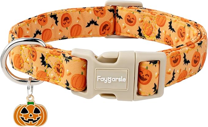 Faygarsle Halloween Dog Collar, Orange Pumpkin and Bat Pattern, Fall Festive Design for Small Medium Large Dogs M