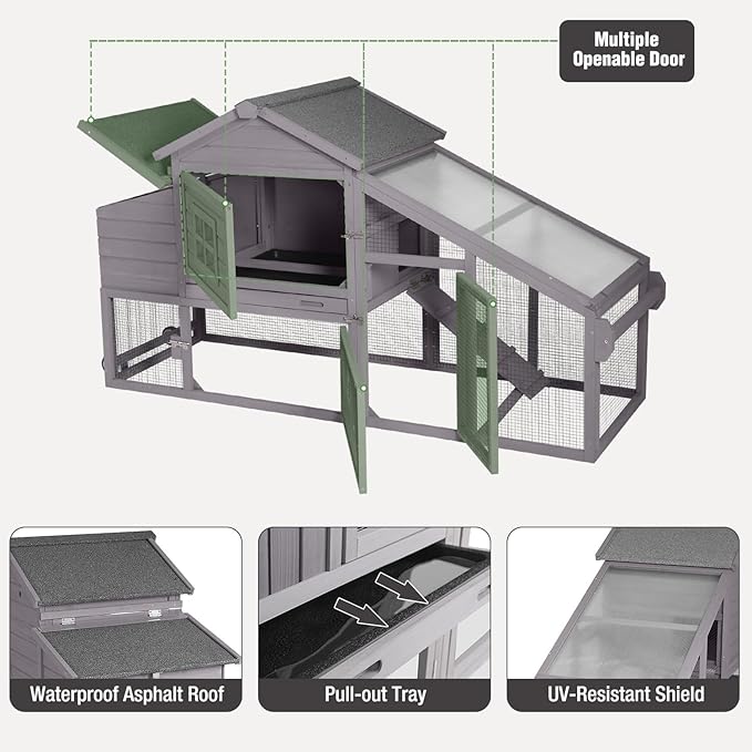 Chicken Coop with Wheels, Mobile Outdoor Chicken House with Leakproof Pull-on Tray, Nesting Box, Waterproof Roof - Grey